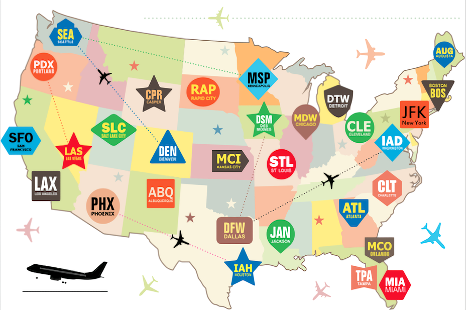 Illustration of airport codes map